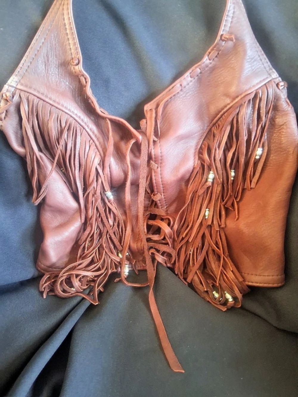 Vintage Made in Texas Brown Leather Fringe Lace-Up Crop Top